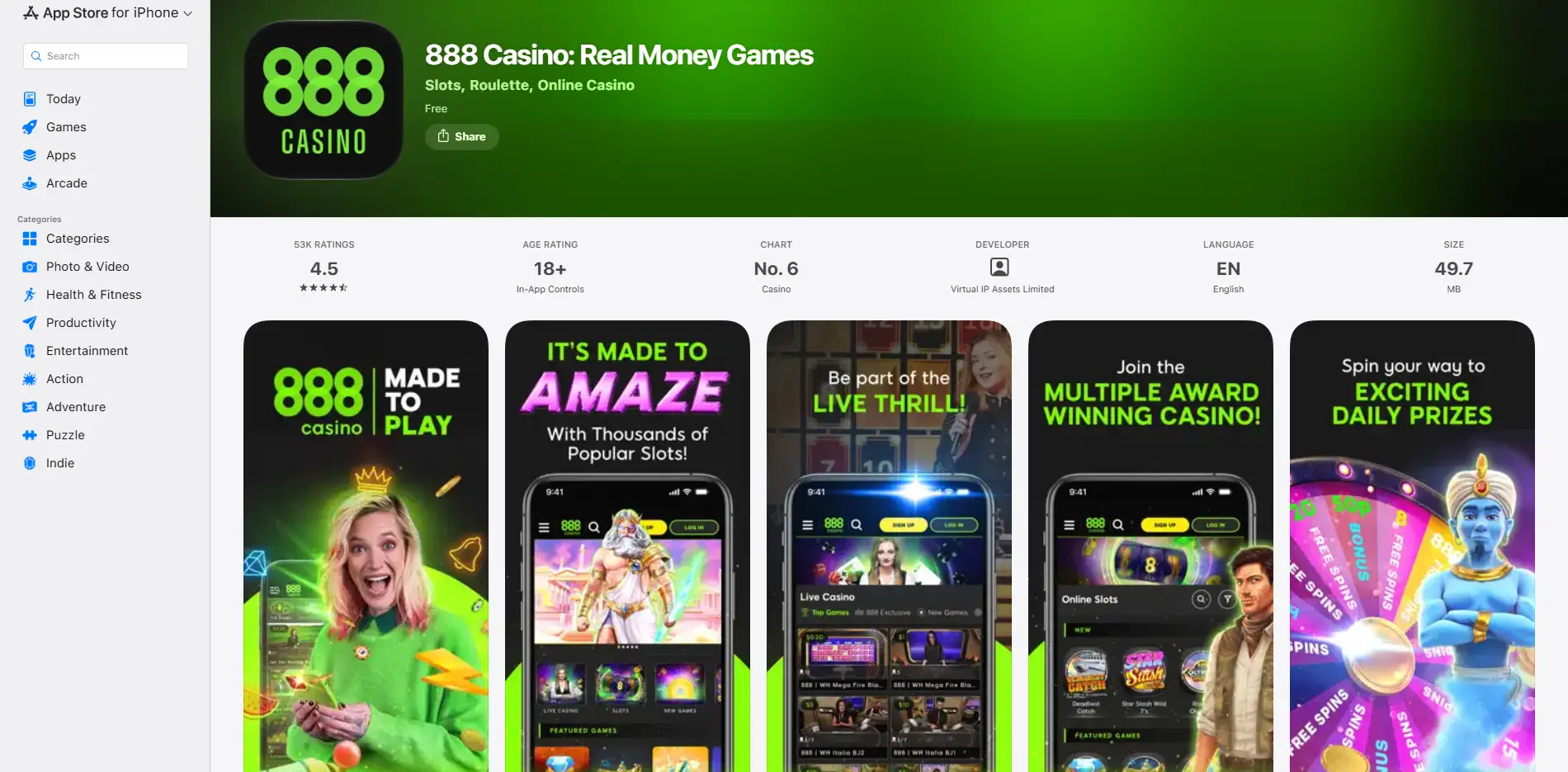 Сторінка застосунку 888 Casino в App Store для iPhone зі скриншотами лобі