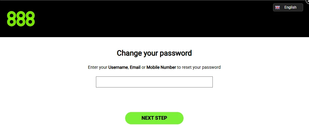 Сторінка зміни пароля 888 Casino: поле для логіна, e-mail або номера телефону