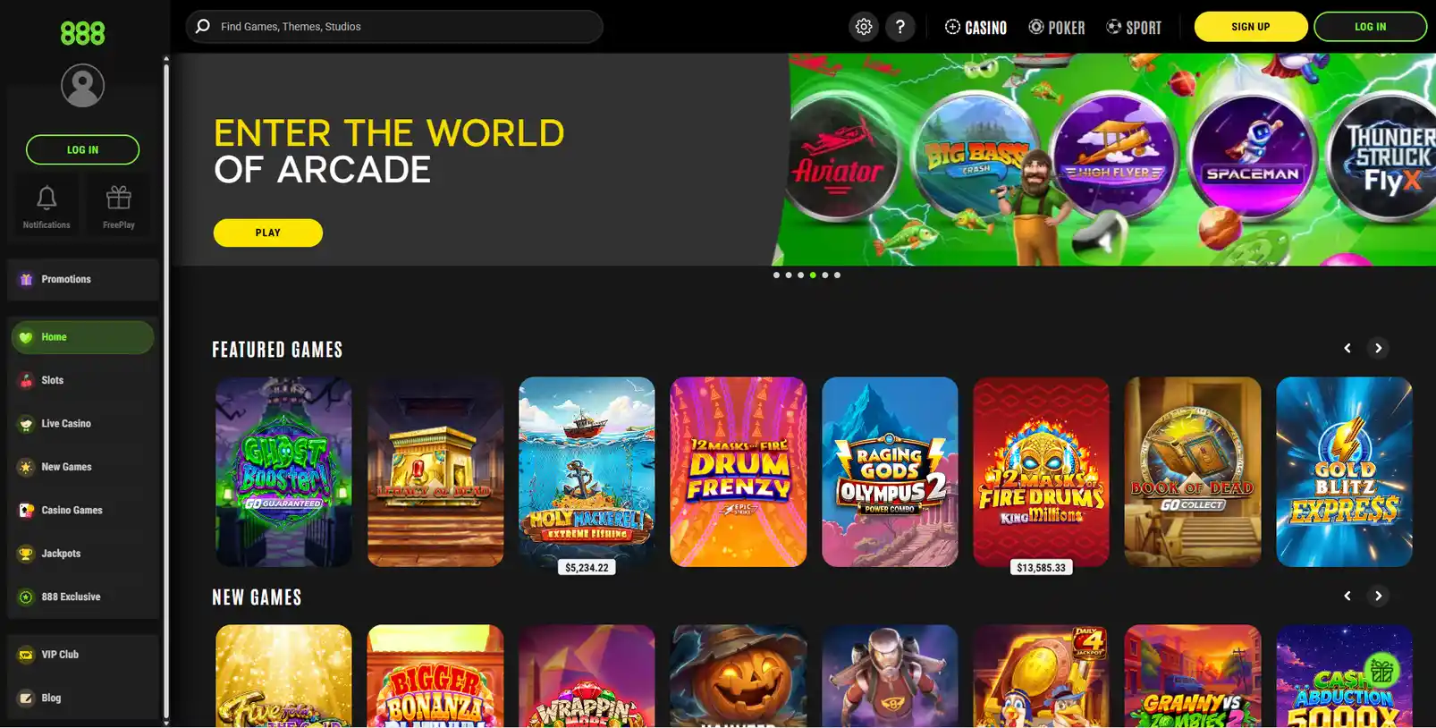 Главная страница 888 Casino: баннер с аркадными играми, меню разделов и ряд популярных слотов