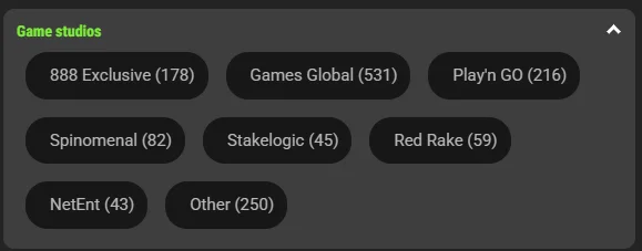 Фільтр студій у лобі 888 Casino: 888 Exclusive, Games Global, Play’n GO, NetEnt та інші